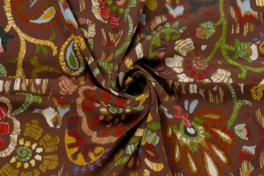 Multi - Viscose stof - satijn - fantasie, bloemen & paisley - bruin multi - 33/26015-155