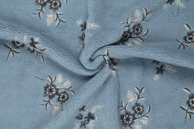 Gestickt - Teddy stof - fine sharpa - embroidery - bloemen - blauw - 22263-690