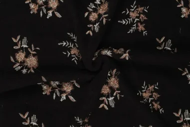 Gestickt - Teddy stof - fine sharpa - embroidery - bloemen - zwart - 22263-999