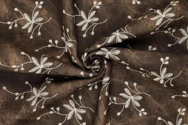 stevige stof - Embroidery stof - antiqua waxed denim - bloemen - donkerbruin - 23064-100