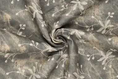 stevige stof - Embroidery stof - antiqua waxed denim - bloemen - donkergrijs - 23064-980