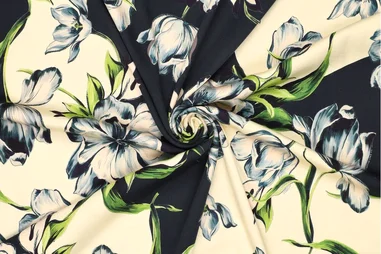 Blauwe stoffen - Viscose stof - stretch - satijn - bloemen - blauw - 23017-600