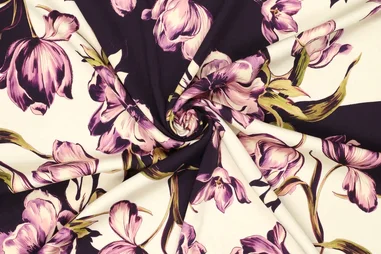 Fleece stof - donkerpaars - 9111-048 - Viscose stof - stretch - satijn - bloemen - paars - 23017-810