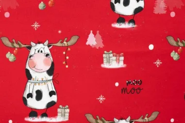 Stretch stof - linnen - koraal - 0591-536 - Kerststof - French Terry - koeien & Kerstthema - rood - CR7021-150