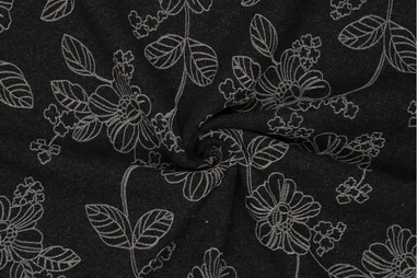 Stretch stof - jacquard - wiebers - zwart - 23235-998 - Polyester stof - wool touch - puff bladeren & bloemen - zwart - 23079-998