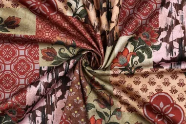 Taftzijde stof - donker rood (lichte - kreuk) - 5516-016 - Katoenen stof - satijn - patchwork - rood multi - 2036-001