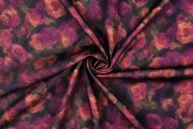Fleece stof - aubergine - 9111-019 - Viscose stof - satijn - bloemen - paars - 2233-001