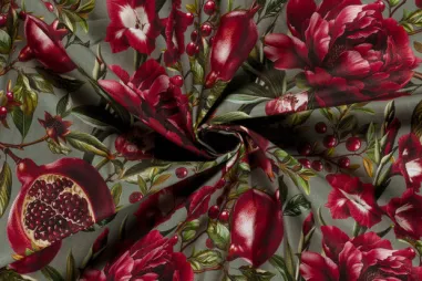 Kunstleer stof - rood - 1268-015 - Deco stof - panama - bloemen & granaatappels - groen - 1977-015