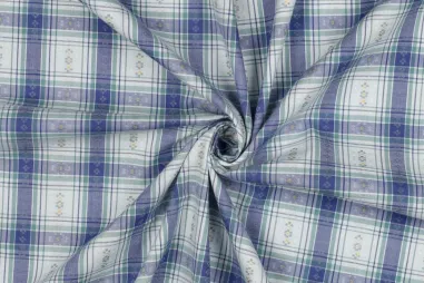 Katoen stof - strik groot - turquoise - 940050-85 - Katoenen stof - jacquard - ruiten & bloemetjes - bauw - 4990-002