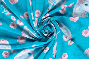 Kinderprint stoffen - Tricot stof - French Terry - eenhoorns & bloemen - turquoise - 27504-022