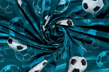 Nieuwe stoffen - Tricot stof - voetballen - petrolblauw - 27518-024