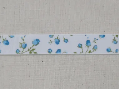 16 mm band - Ripslint bloemetjes off white blauw/groen 16 mm (22383/16-259)*
